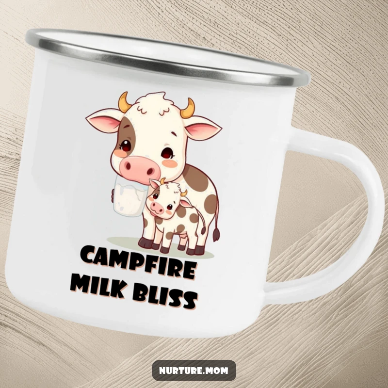 Funny! Sturdy camping mug with a contented cow mom character offering milk to her calf, perfect for outdoor adventures and spreading farm humor.
