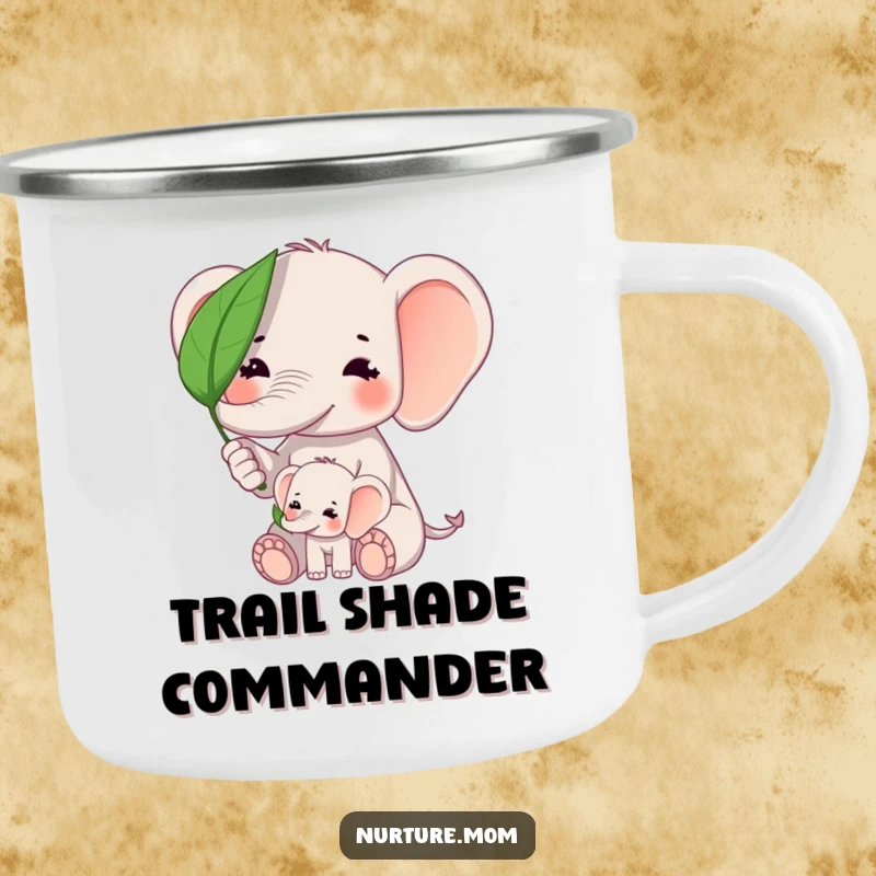 Funny kawaii elephant mom shielding baby elephant from sun with a leaf on an enamel camping mug.