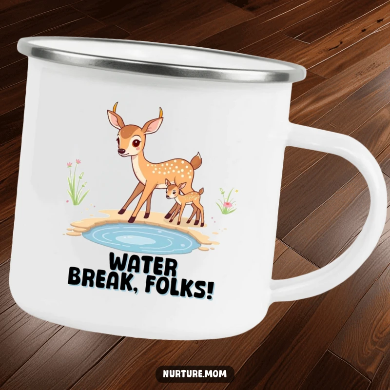 Funny kawaii mother deer and fawn illustration on a sturdy enamel camping mug.