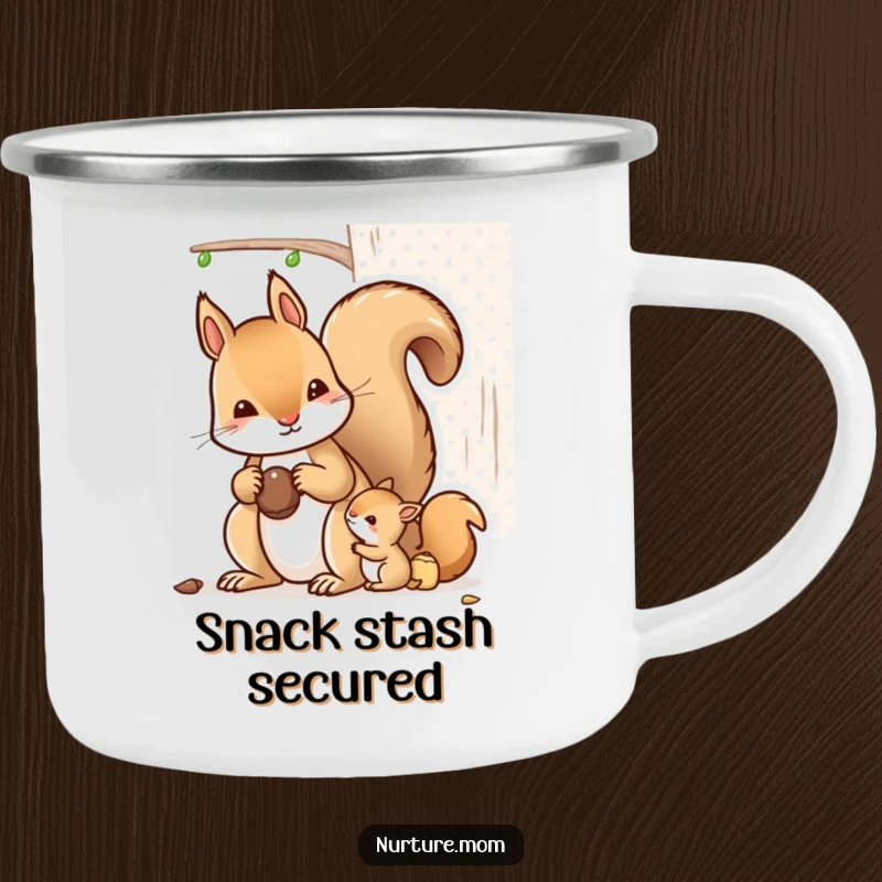 Funny kawaii mother squirrel collecting nuts on a sturdy enamel camping mug.