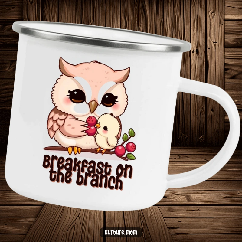 Funny kawaii owl mom gently feeding a tiny chick a berry, featured on a durable and heartwarming camping mug.