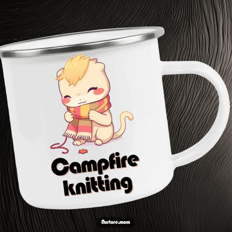 Funny camping mug with a creature intently knitting a colorful scarf, perfect for cozy outdoor crafting sessions.