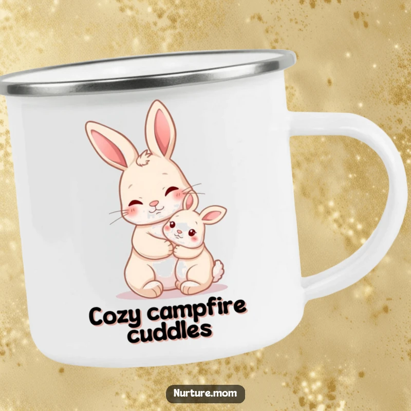 Funny Nurturing Rabbit Camping Mug with a mother rabbit holding a baby bunny close, perfect for outdoor warmth and humor.