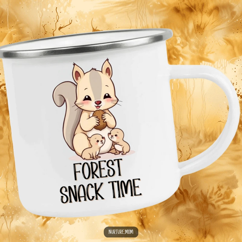 Funny squirrel mom camping mug showing a mother and baby squirrel sharing nuts, perfect for outdoor use.