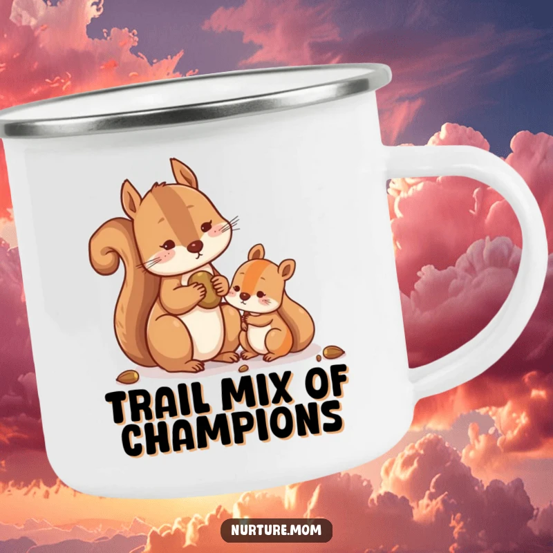 Funny Squirrel Camping Mug with a contented squirrel sharing nuts with a smaller one, perfect for outdoor sharing and humor.