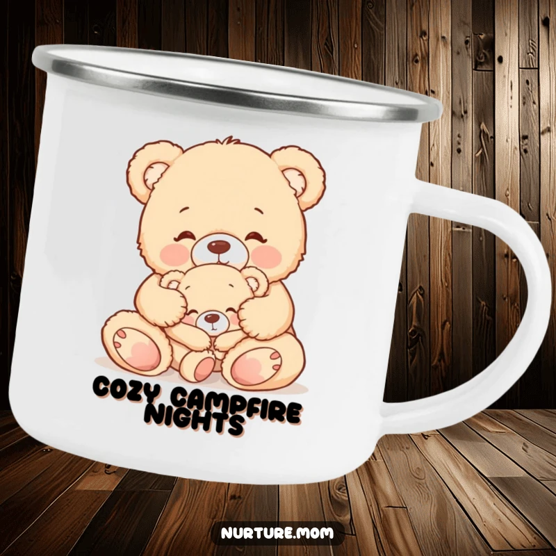 Funny enamel camping mug with a cute teddy bear mom gently tucking in her sleepy baby bear, symbolizing warmth and outdoor comfort.