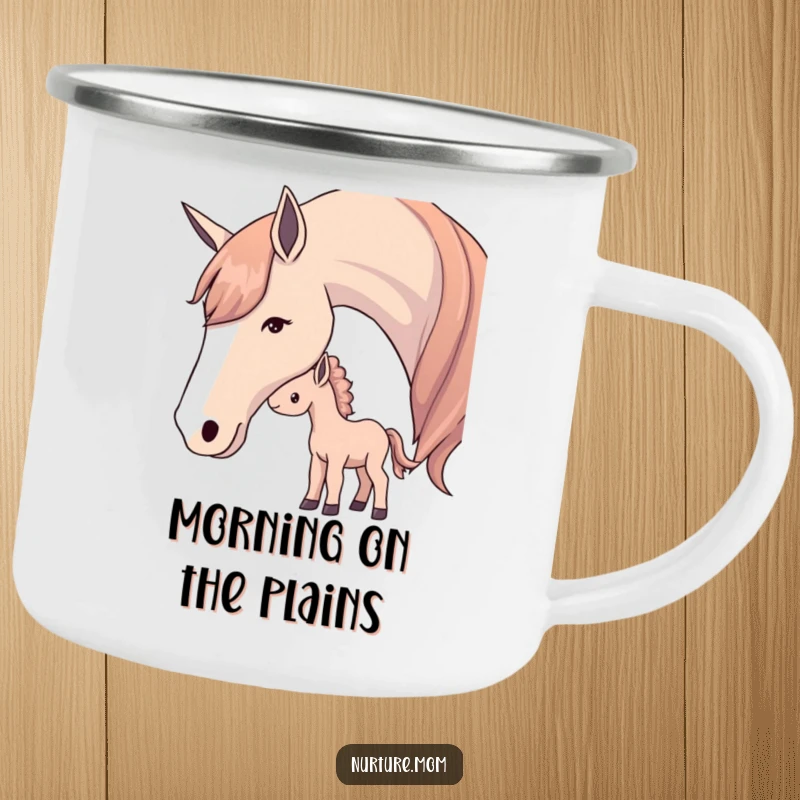 Camping mug showing a mother horse softly nudging her foal, perfect for outdoor adventures.