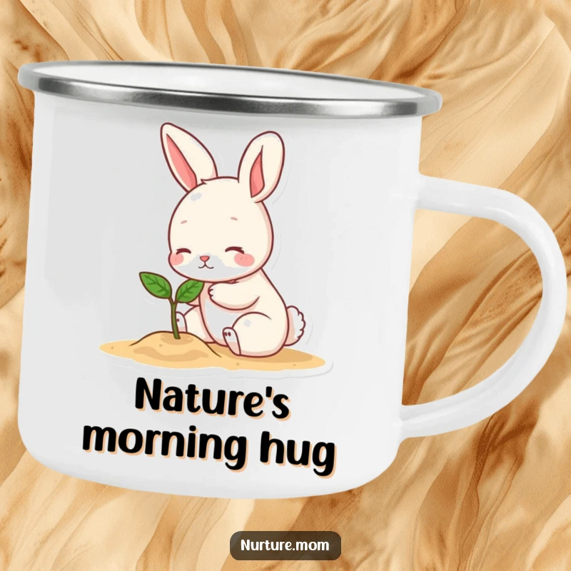 Funny camping mug featuring a small bunny character gently patting a tiny sprout, a humorous and rugged cup for outdoor enthusiasts.