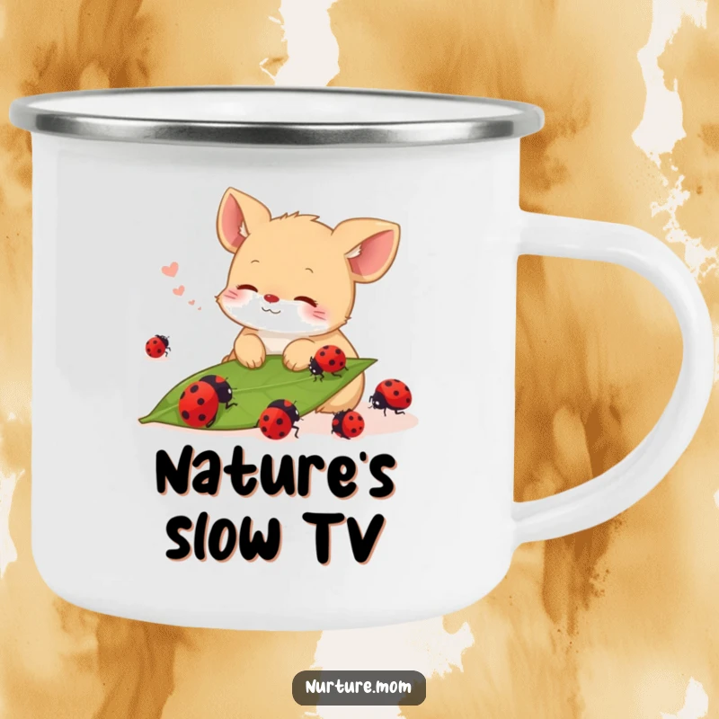 Funny camping mug depicting a small animal sighing contentedly while watching ladybugs crawl on a leaf, for outdoor use.