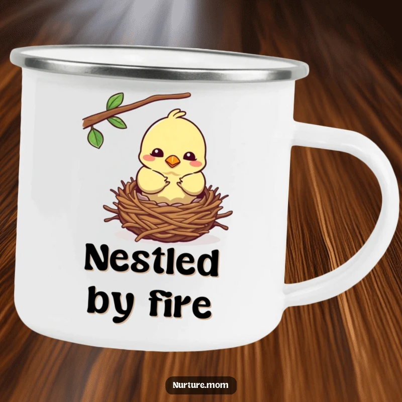 Funny kawaii mother bird building a cozy nest on a sturdy camping mug.