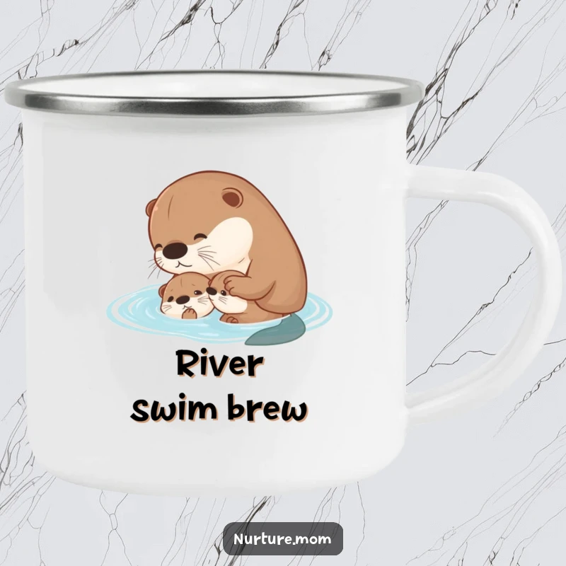 Funny kawaii mother otter teaching her pup to swim on a sturdy camping mug.
