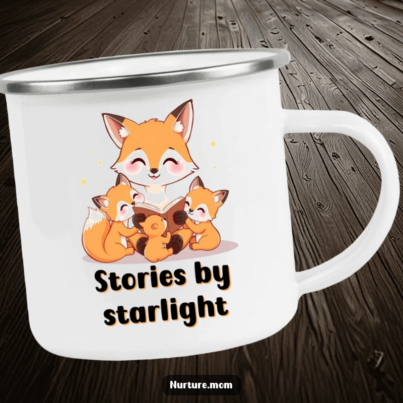 Funny enamel camping mug with a happy fox mom reading a bedtime story to her cubs, symbolizing warmth and outdoor comfort.