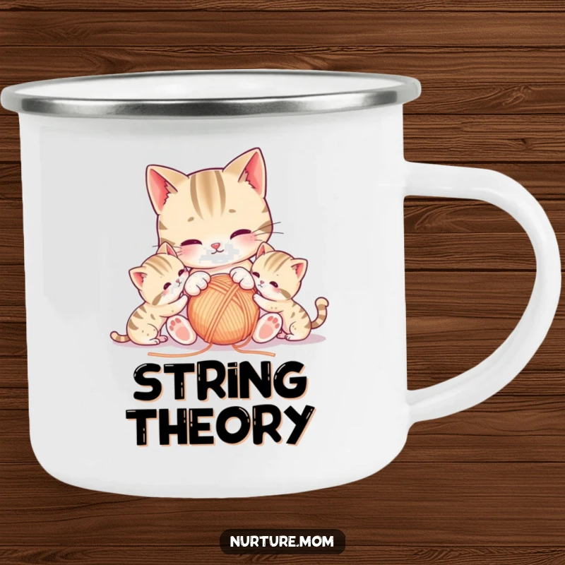 Funny kawaii mother cat and her kittens playing with yarn on a sturdy enamel camping mug.