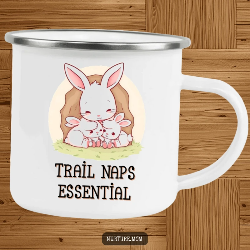 Funny Mother Rabbit Camp Mug: Durable mug featuring a mother rabbit tucking babies into a burrow, for outdoor lovers.