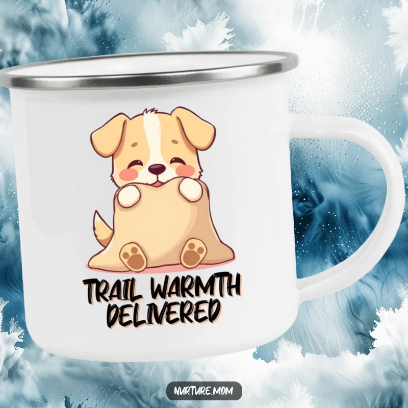 Funny camping mug featuring a playful dog character tenderly offering a warm blanket, a humorous and rugged cup for outdoor adventures.