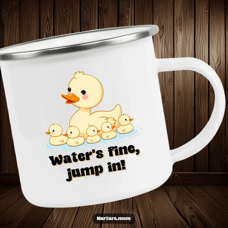 Funny kawaii mama duck and her ducklings illustration on a sturdy enamel camping mug.