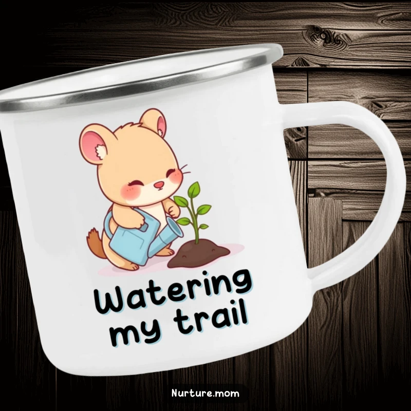 Funny camping mug with a small animal gently watering a sprouting seedling with a watering can, perfect for outdoor gardeners.