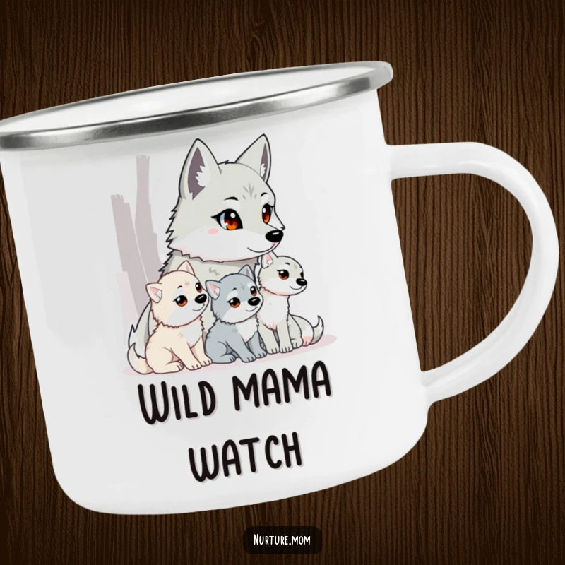 Funny wolf mom camping mug with a mother wolf and pups, perfect for campfire moments.