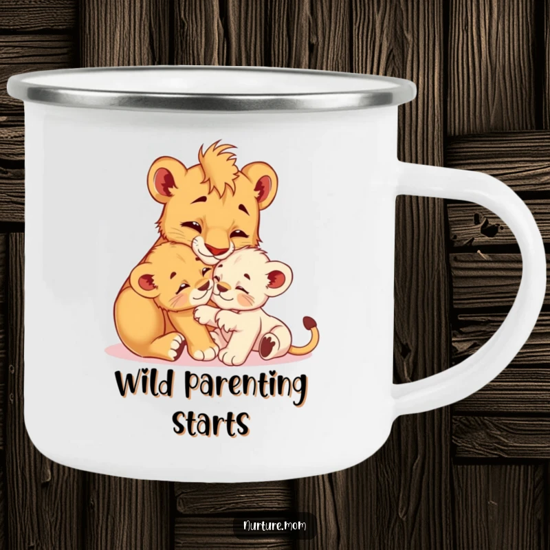 Funny! Sturdy camping mug with a nurturing lioness cub grooming her playful offspring, perfect for outdoor trips and lighthearted moments.