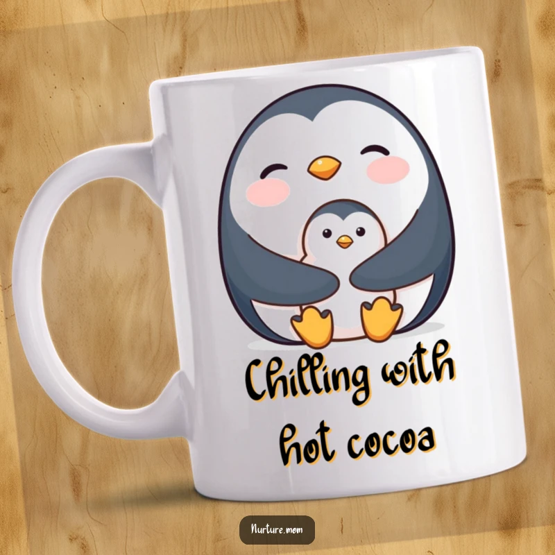 Kind mother penguin holding her fluffy chick close for warmth, adorably huddled together.