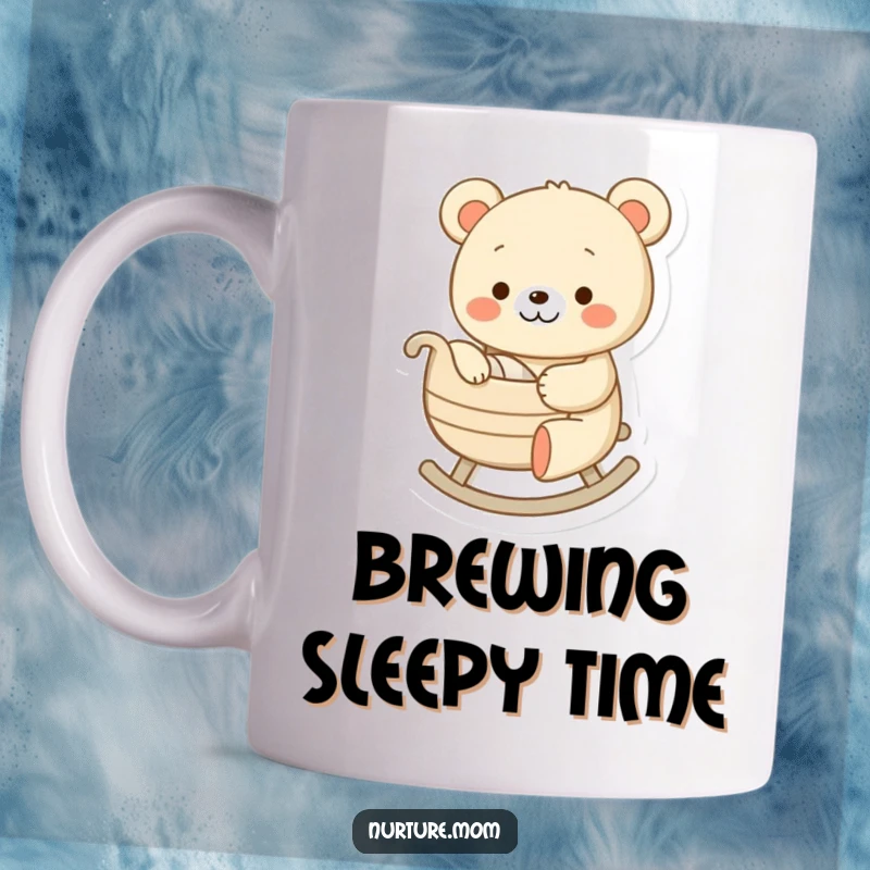 Funny mug with a cheerful bear character gently rocking a tiny cradle, symbolizing peaceful parenting with a humorous touch.