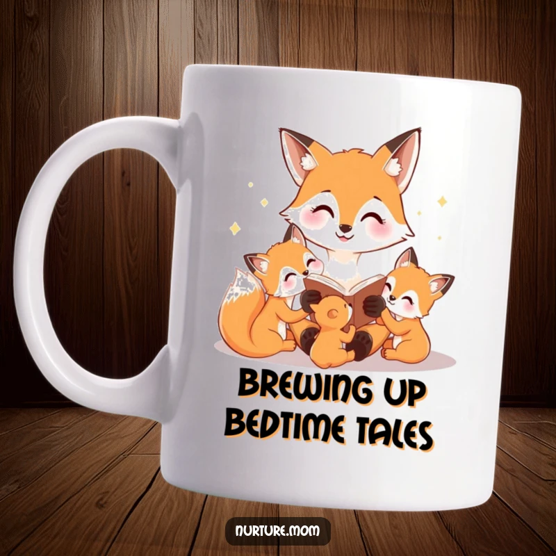Funny mug depicting a happy fox mom reading a bedtime story to her adorable cubs, capturing a moment of warmth and learning.