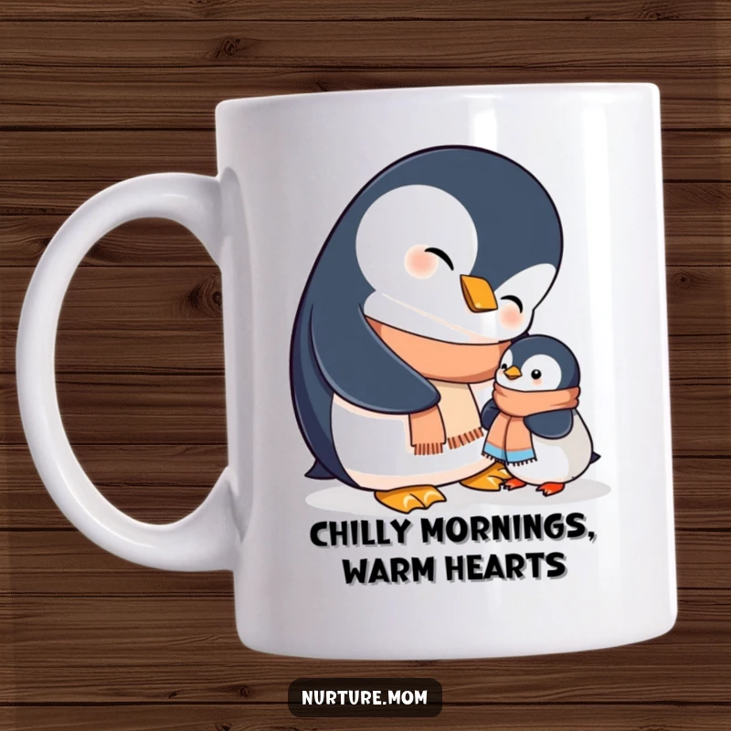 Funny mama penguin tenderly helps her chick put on a small scarf, showing love and care on this cute mug.
