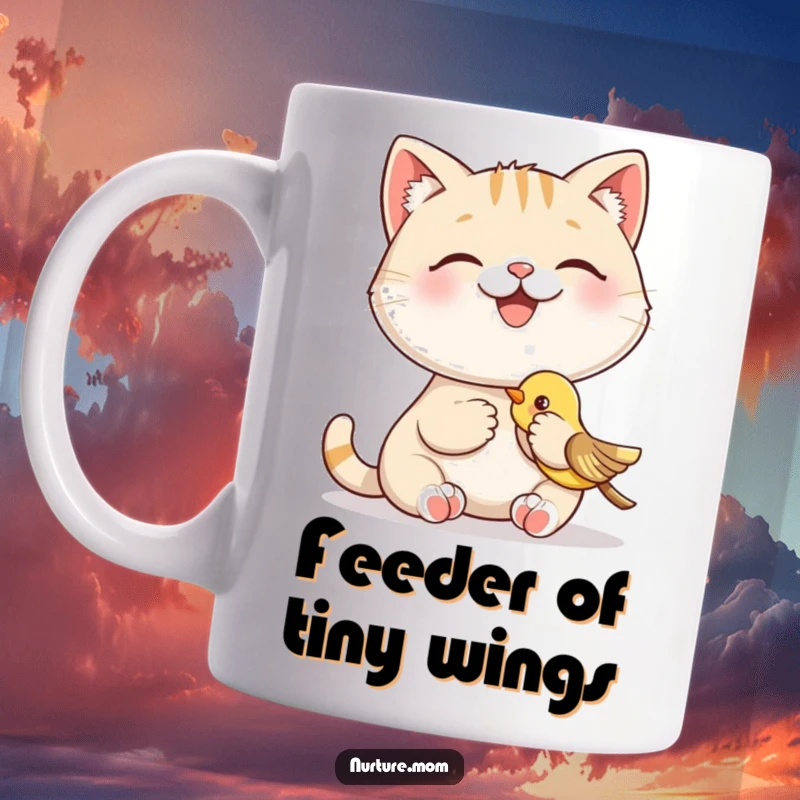 Funny mug with a smiling cat character happily feeding a tiny baby bird, symbolizing interspecies friendship with a humorous touch.