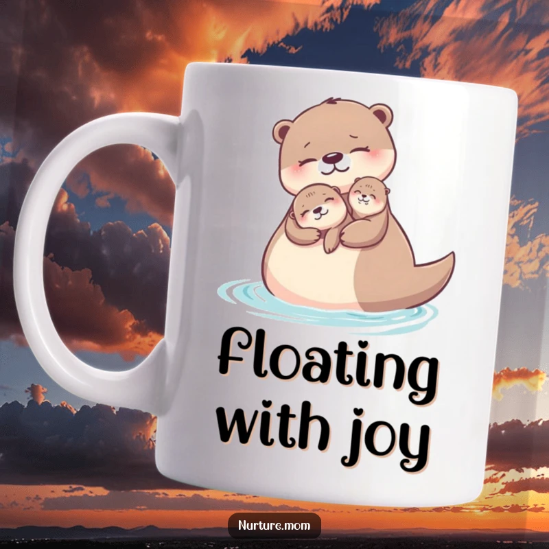 Funny otter mom mug showing a loving mother otter floating on her back, holding her cute pup.