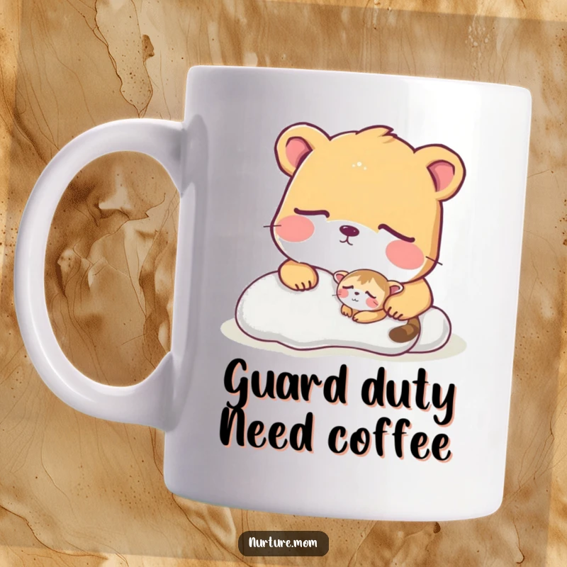 Funny mug featuring a large, gentle animal observing a tiny, soundly sleeping creature with loving care.