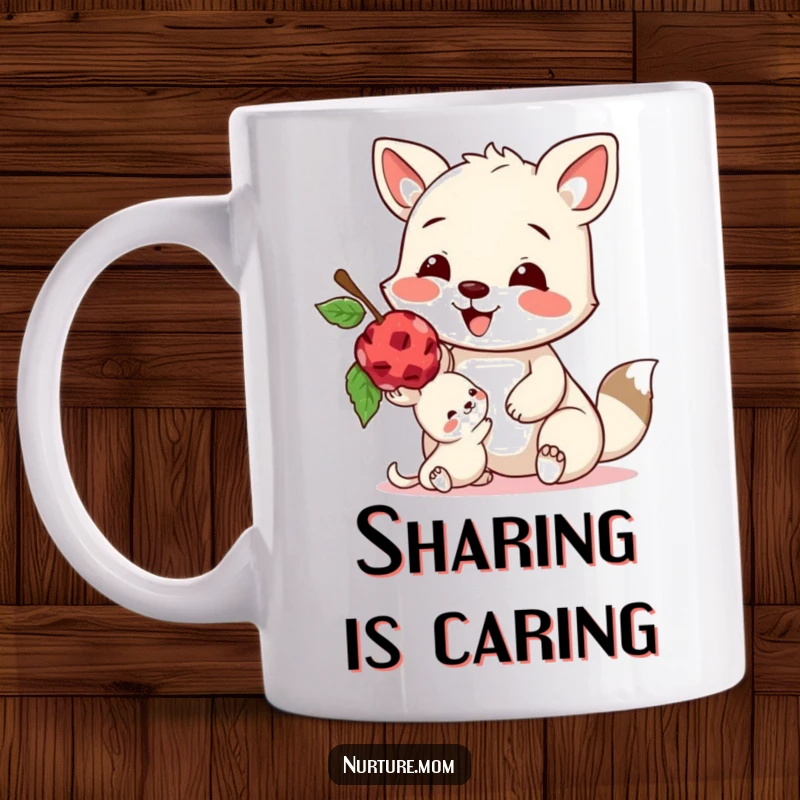 Funny mug with a happy animal gently offering a tasty berry to a smaller creature, depicting sharing and kindness.
