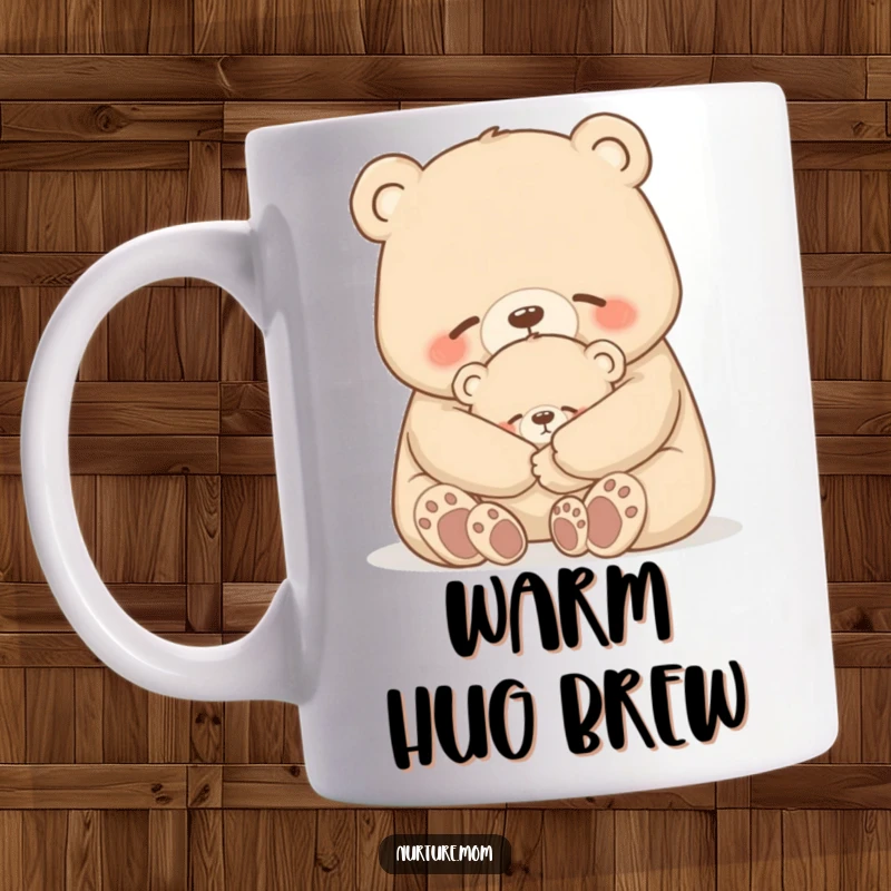 Funny mother bear mug gently hugging a tiny cub, conveying love, protection, and warmth, a heartwarming gift.