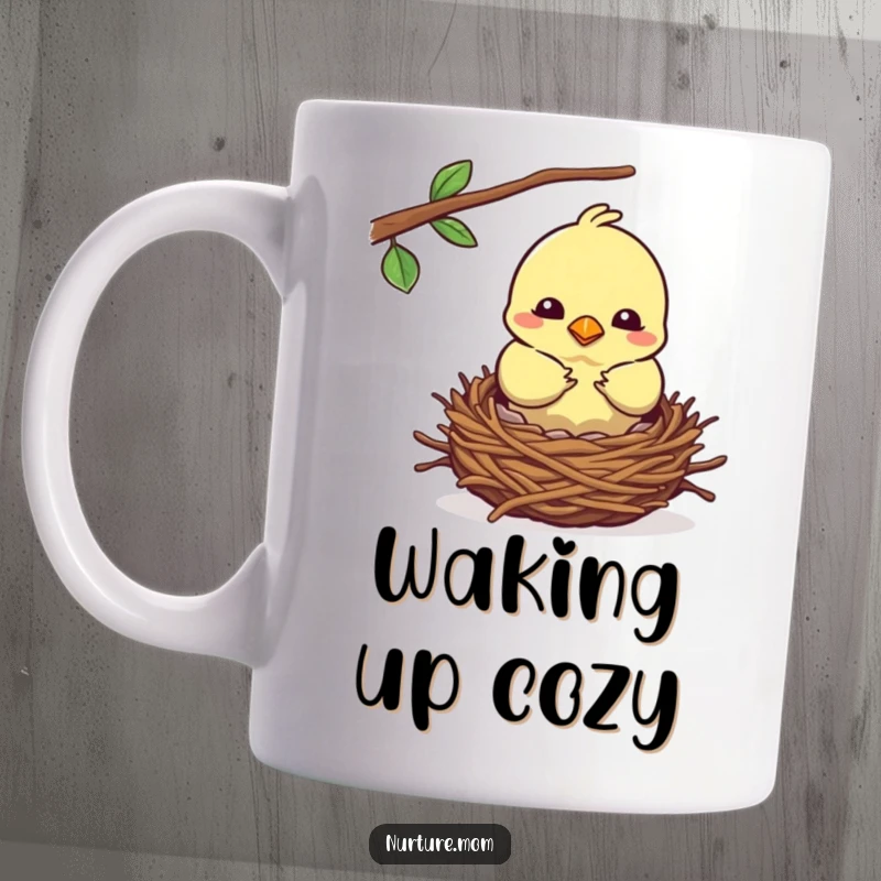 Funny kawaii mother bird diligently building a cozy nest, depicted on a mug.