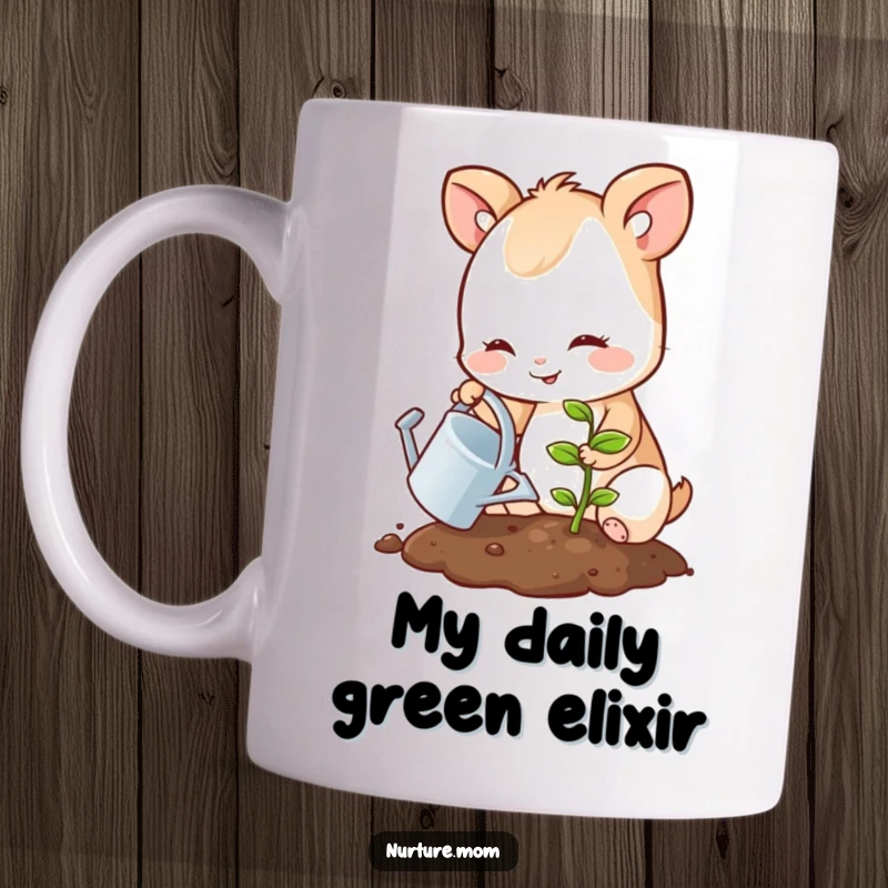 Funny mug featuring a small animal with a gentle smile watering a tiny sprouting seedling, symbolizing growth and care.