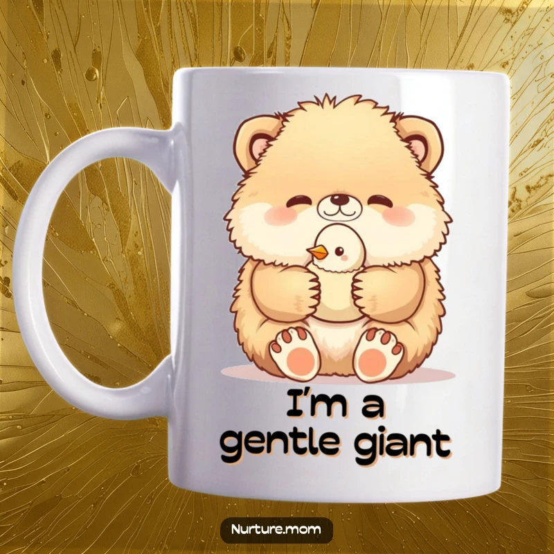 Funny mug shows a soft, fluffy animal cradling a tiny baby bird with gentle paws, radiating warmth and care, a delightful scene.