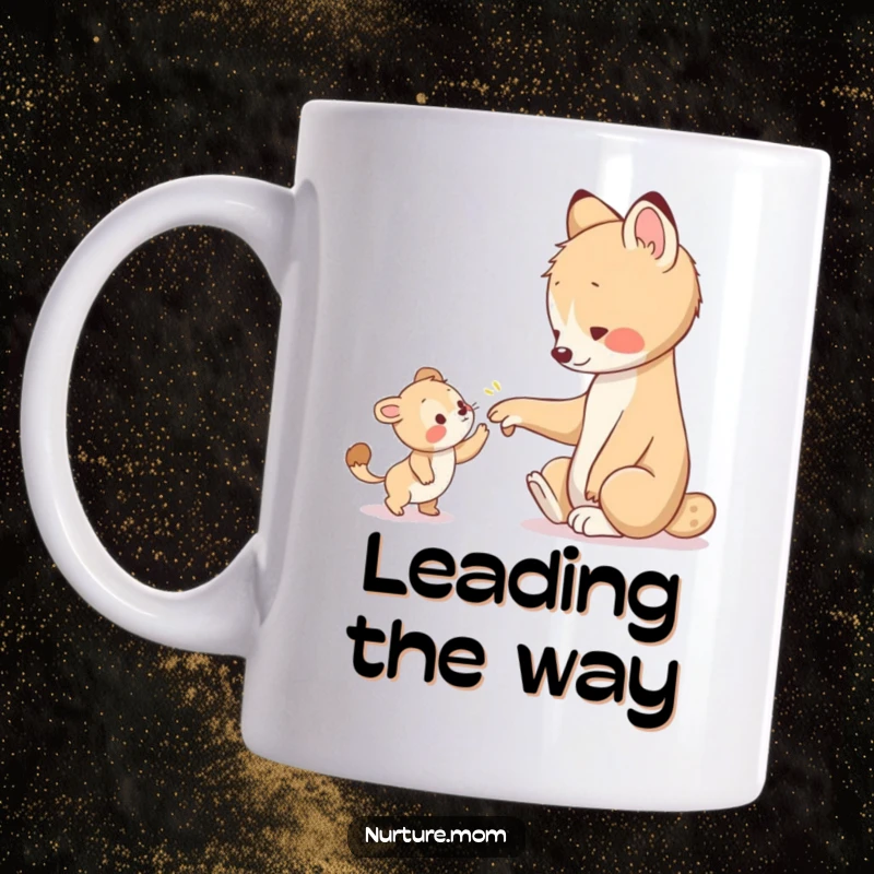 Funny mug shows a gentle animal using a warm paw to guide a lost young creature, a heartwarming and humorous scene of care.