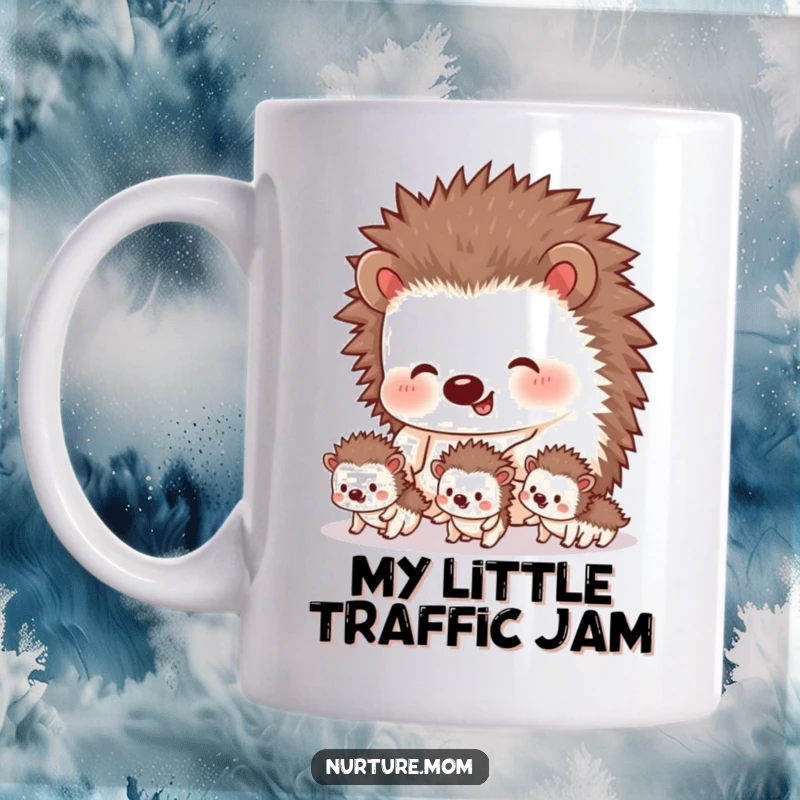 Funny hedgehog mug showing a mother with her tiny siblings in tow, a heartwarming and humorous scene for a delightful gift.