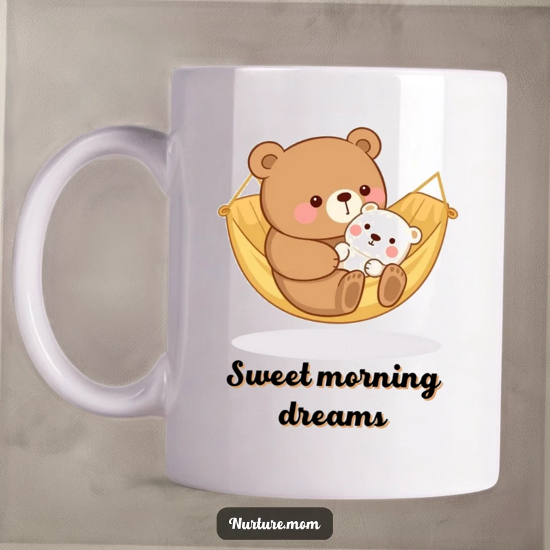 Funny kawaii bear mom gently rocking a baby animal in a cozy hammock, capturing a serene and loving scene.