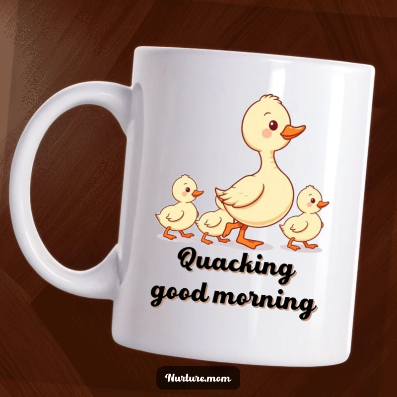 Funny kawaii duck mom leading her ducklings in a neat line, depicted on a mug, symbolizing guidance and order.