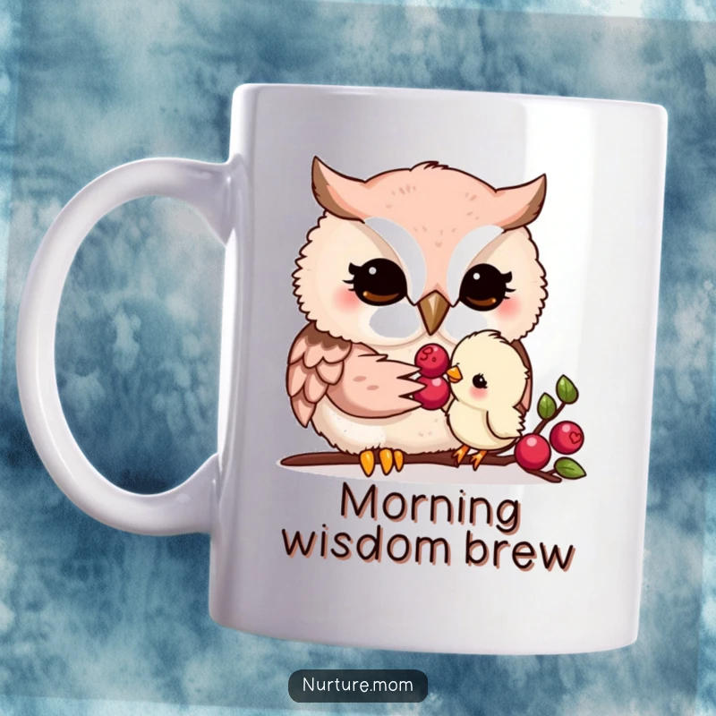 Funny kawaii owl mom gently feeding a tiny chick a juicy berry, capturing a moment of pure maternal love.