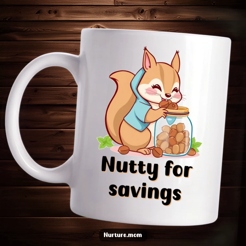 Funny Kawaii Squirrel Mom Mug: A cute squirrel mom depositing nuts into a jar, showcasing hoarding humor.