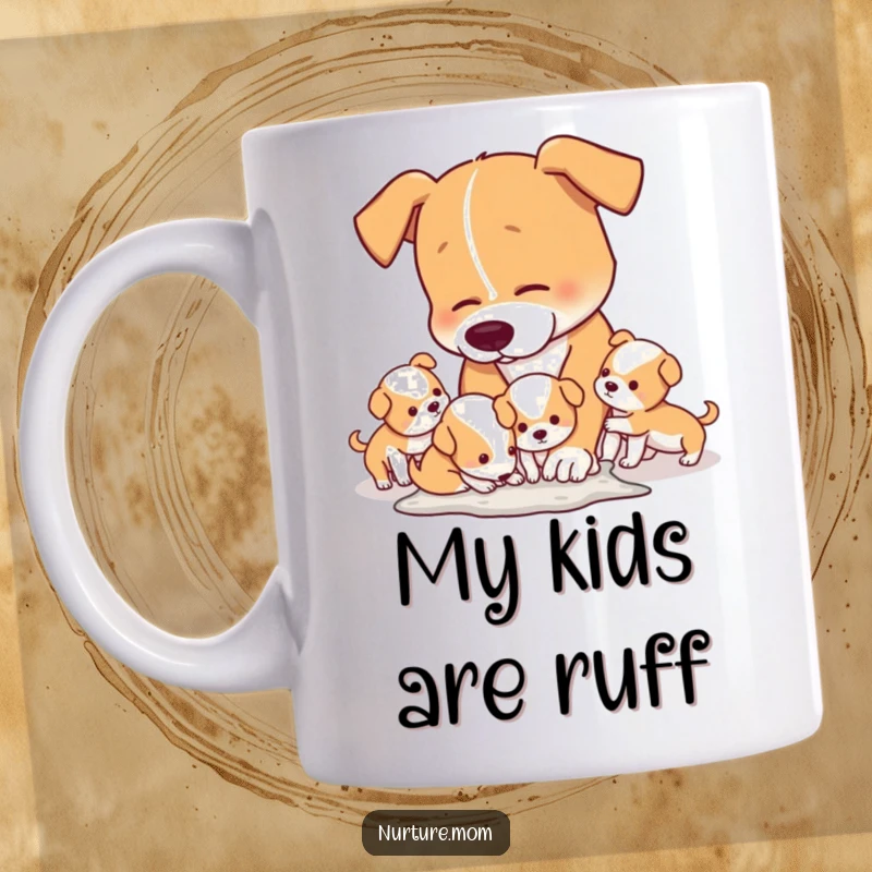 Funny Mug showing a tired mom dog humorously cleaning up after her mischievous puppies playing around her.