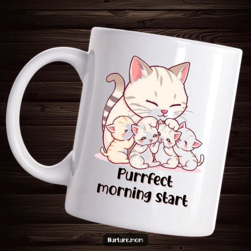 Funny Mother Cat Mug: Adorable mother cat purring and grooming her playful kittens, showcasing feline affection.