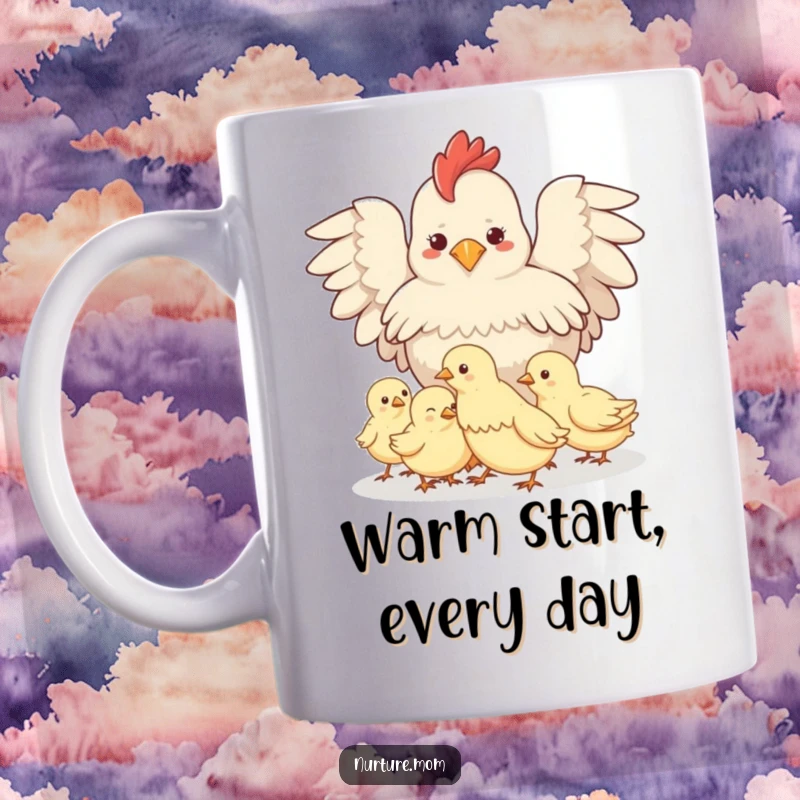 Funny Protective Hen Mug: Adorable hen shielding her chicks under her wings, symbolizing maternal protection.