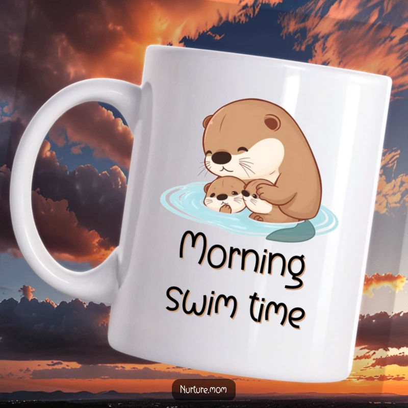 Funny kawaii mother otter gently teaching her pup to swim in water, depicted on a mug.