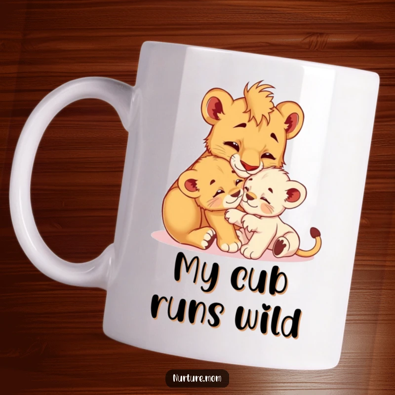 Funny! Mama lioness cub tenderly grooming her playful offspring on a mug, embodying nurturing love and humorous family moments.