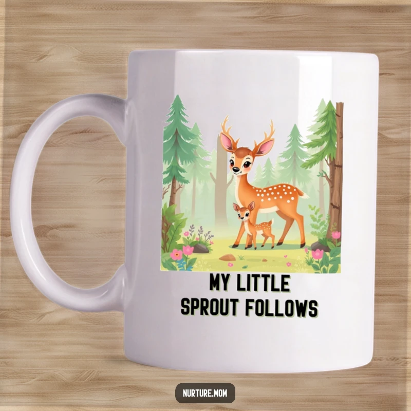Funny deer mom mug featuring a loving doe guiding her fawn through a vibrant, green forest scene.