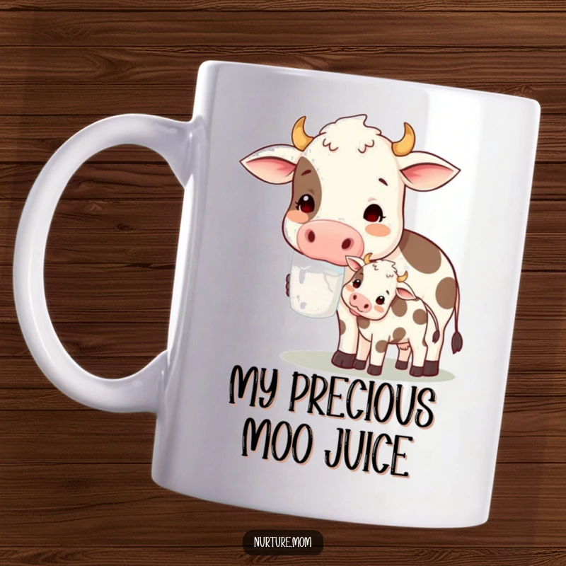 Funny! Contented cow mom character on a mug, offering milk to her calf, symbolizing nurturing, abundance, and gentle farm humor.