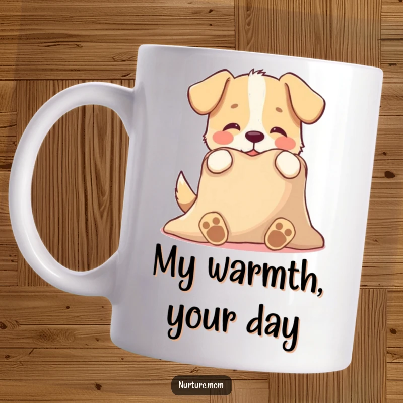 Funny mug with a playful dog character tenderly offering a cozy blanket, symbolizing warmth and companionship with a humorous touch.