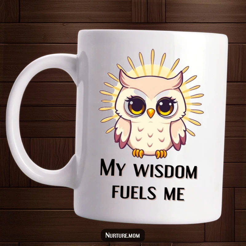 Funny mug featuring a radiating owl mom with a bright, wise gaze, symbolizing love and wisdom, perfect for gifting.